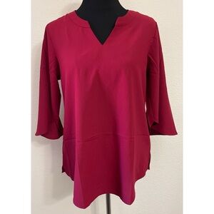DJT Womens Magenta Notched V-Neck 3/4 Bell Sleeve Blouse Top‎ Side Slits